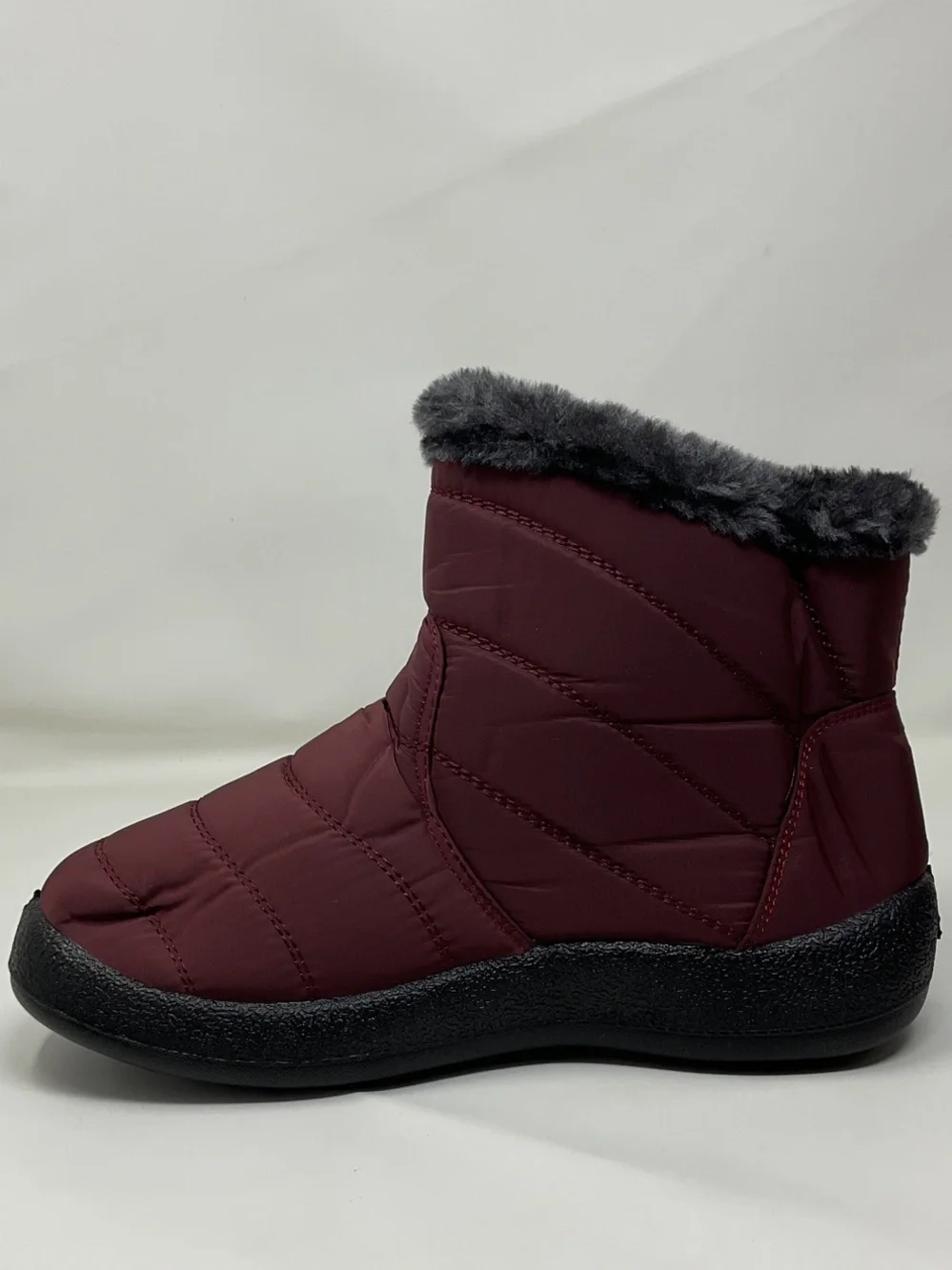 Women's Quilted Ankle Winter Boots with Faux Fur Lining - Burgundy US Size 8